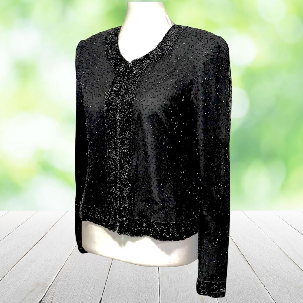 Vintage 90s JUST FABULOUS Hand Beaded Silk Jacket Black Sequin Evening Womens S